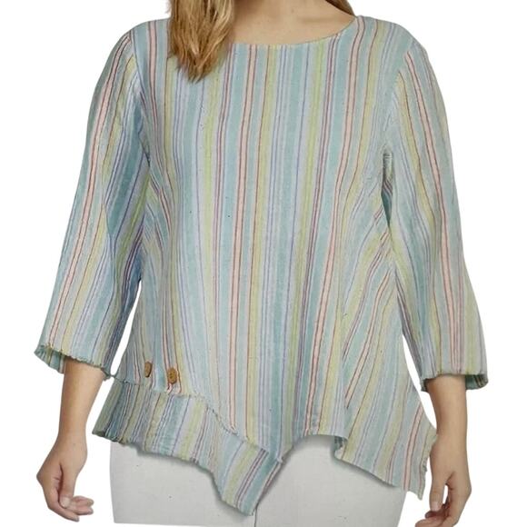Ali Miles Tunic Top Womens Size 1X Multicolor Striped Linen Cotton Asymmetrical - Picture 1 of 8